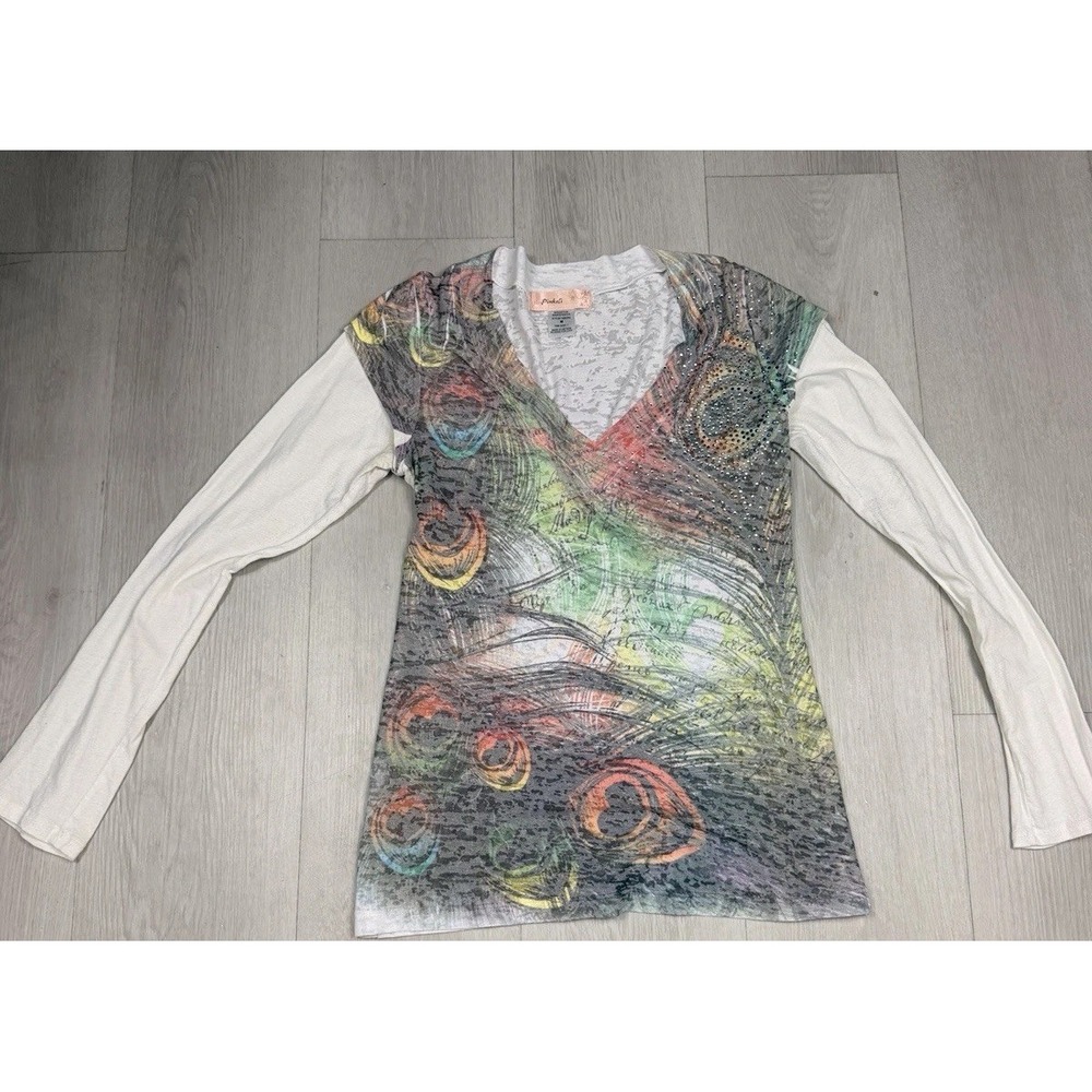 Pinkeli Womens M Y2K Rhinestone Peacock Graphic Top Burnout Long Sleeve Fairy